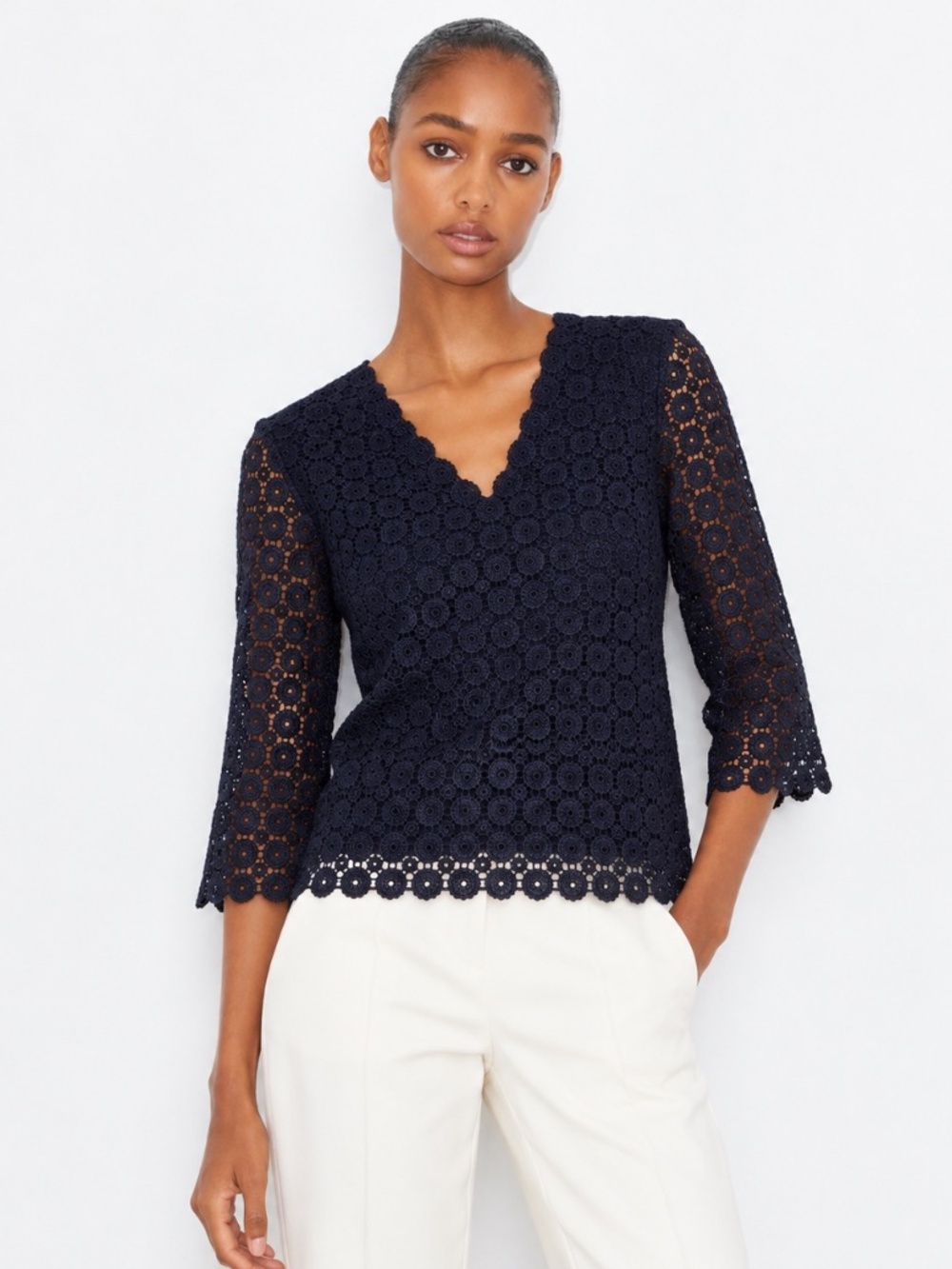 Tory Burch 100% Silk Linen Floral Lace Blouse Navy Blue 3/4 Sleeve Women Size S